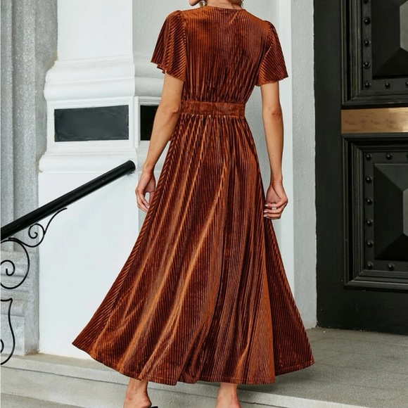 Luxe burnt orange velvet V neck butterfly sleeve dress LAST FEW - Picture 4 of 16